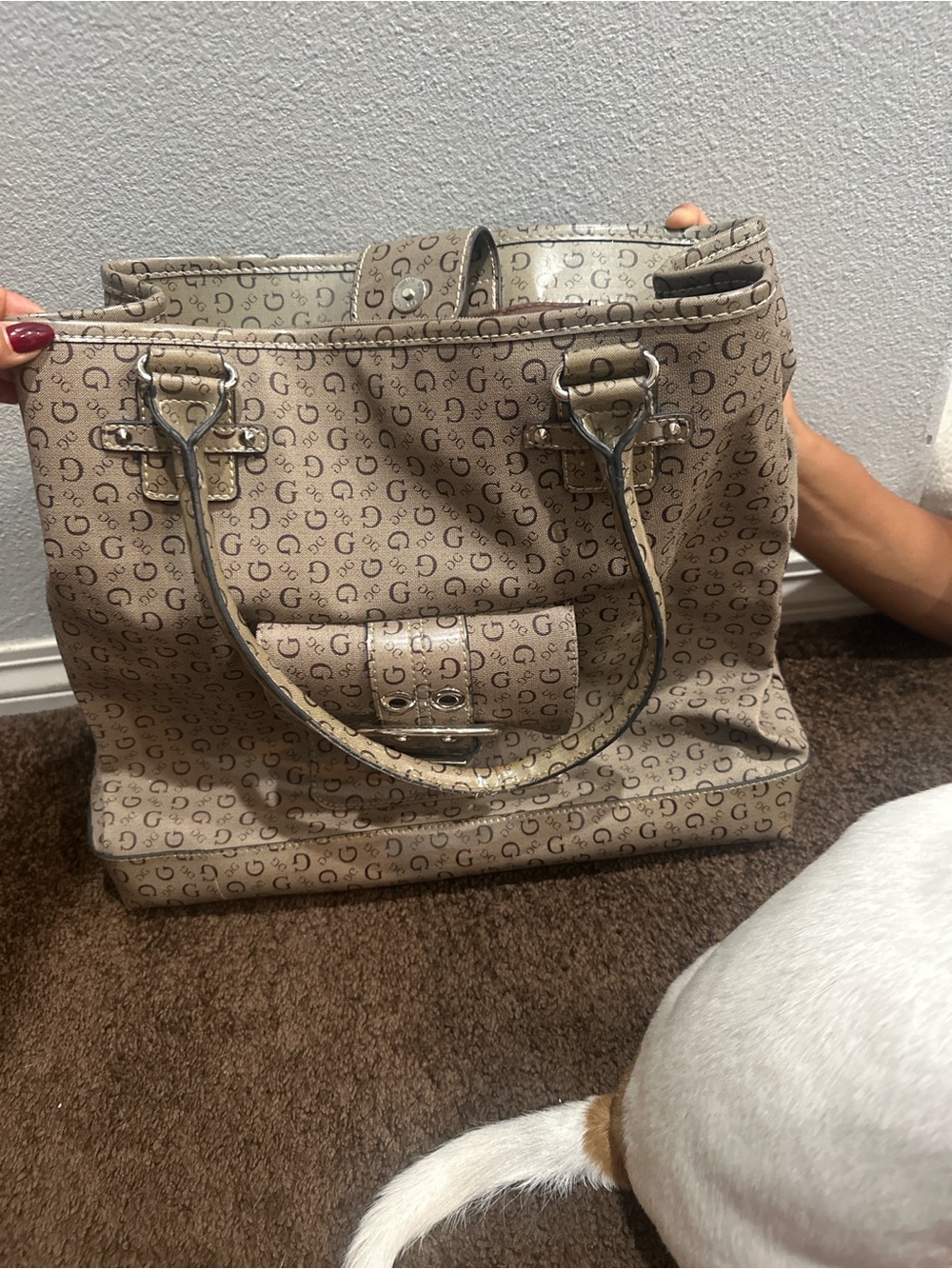 Designer-Style Beige Logo Tote Bag